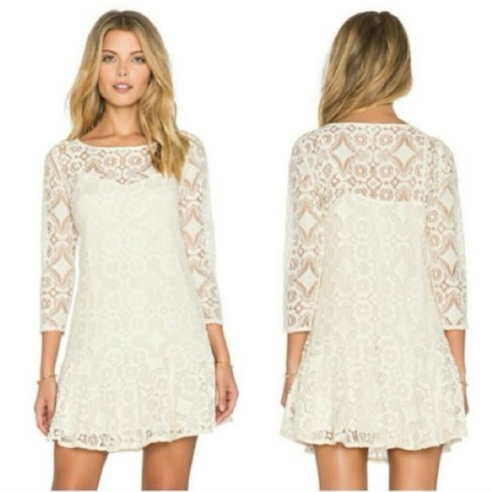 Free People Cream Lace Long Sleeve Dress